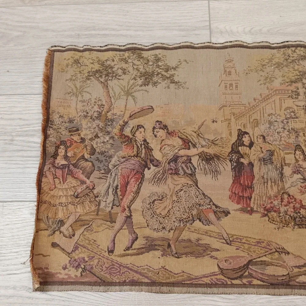 vintage Belgian wall hanging tapestry depicting dancing celebration town square